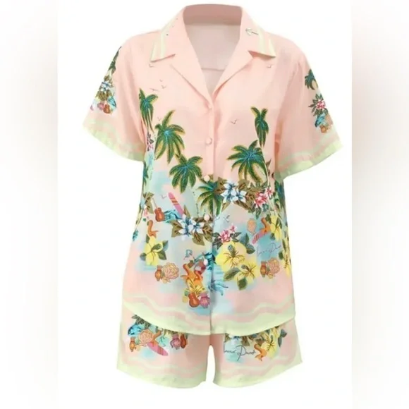 Cocomo Island Loose Fit Casual Shorts Set Single-Breasted Tropical Top - Picture 13 of 16